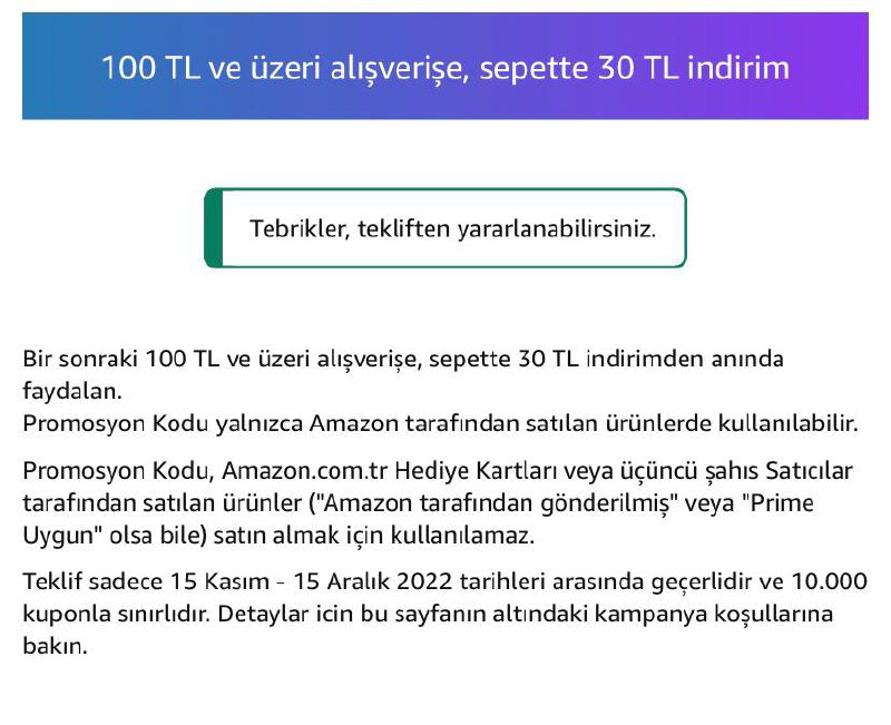 Amazon 100₺’ye 30₺ indirim