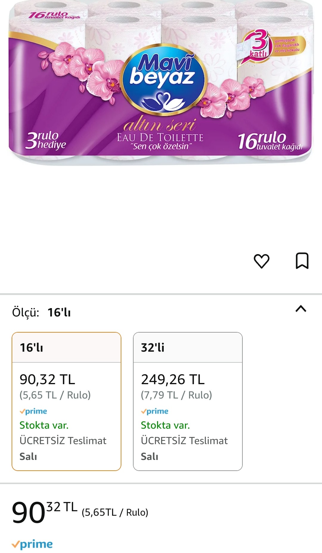 Mavi Beyaz Üç Kat Tuvalet Kağıdı, Altın Seri, Kokulu, 16'lı
