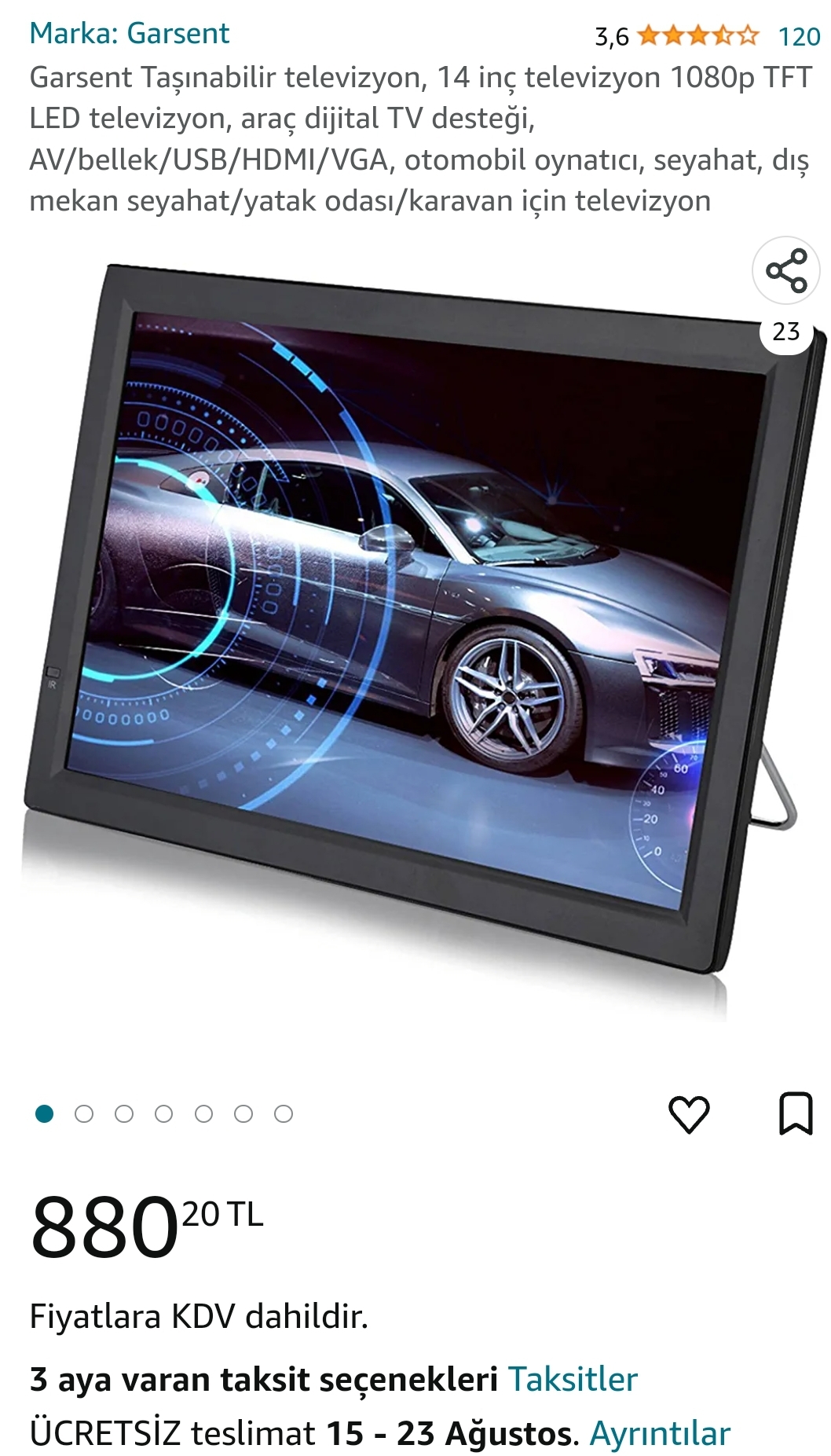 Garsent Taşınabilir televizyon, 14 inç televizyon 1080p TFT LED televizyon, araç dijital TV desteği, AV/bellek/USB/HDMI/VGA, otomobil oynatıcı, seyahat, dış mekan seyahat/yatak odası/karavan için televizyon