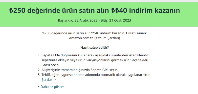 ₺250 değerinde ürün satın alın ₺₺40 indirim kazanın