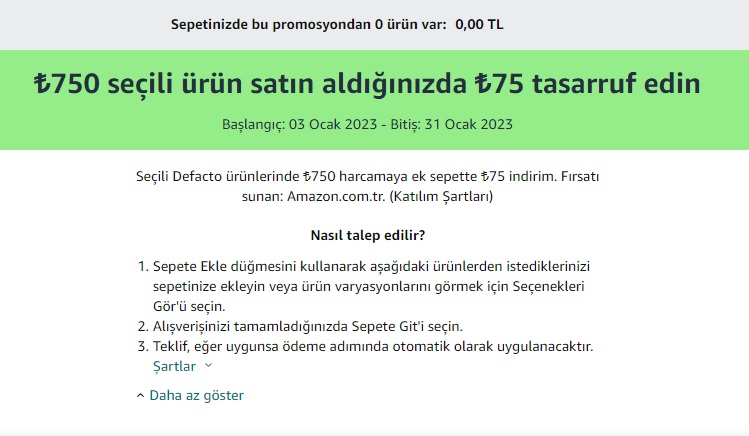 Seçili Defacto ürünlerinde ₺750 harcamaya ek sepette ₺75 indirim.