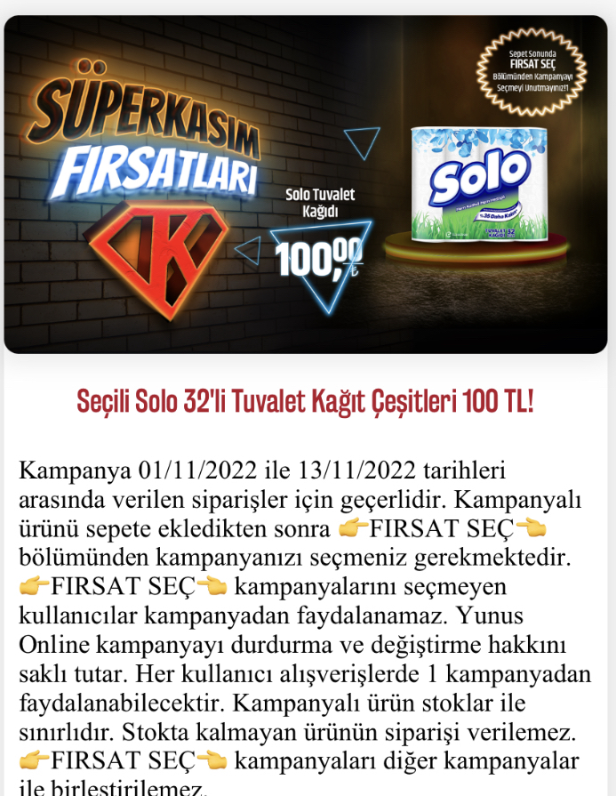 Solo 32'li Tuvalet Kağıdı 100 tl "Yunus Market Online"