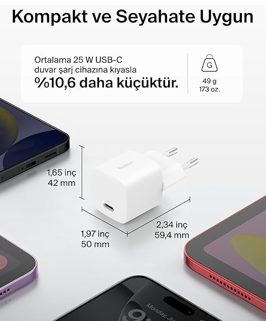 Belkin USB-C Fiş 25 W - USB-C Telefon Şarj Cihazı, Apple iPhone 16, 15 Plus, Pro, Pro Max, iPad, Samsung Galaxy S25, Pixel 9, Nintendo Switch ve Fazlası için PD 3.0 PPS Hızlı Şarj Cihazı, Beyaz