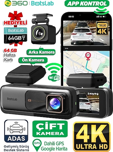 360+ G980H Ön Gerçek 4K 3840X2160P UHD - Arka 1080P Fhd 170° Geniş Açı Lens Gece Görüşü Dahili Gps Modülü Akıllı Araç Içi Kamera