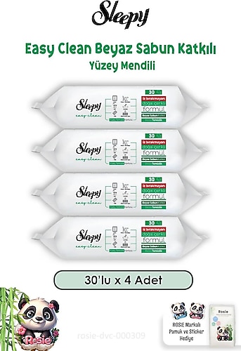 4'lü Sleepy Easy Clean Beyaz Sabunlu Yüzey Temizlik Havlusu 30'lu ve ROSIE