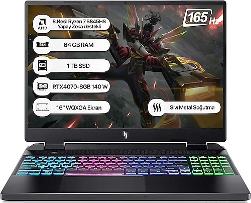 Acer Nitro 16 An16-42 Amd R7 8845Hs 64Gb 1Tb Ssd Rtx4070-8Gb Dos 16" Wqxga 165Hz Taşınabilir Bilgisayar Nh.qsley.001-64