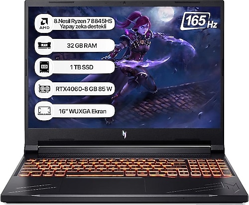 Acer Nitro V16 Anv16-41 Amd R7 8845Hs 32Gb 1Tb Ssd Rtx4060-8Gb Dos 16" Wuxga 165Hz Taşınabilir Bilgisayar Nh.qruey.003