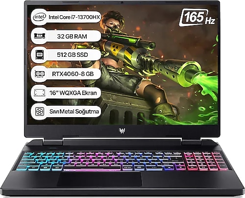 Acer Predator Intel i7 13700HX 32GB 512GB SSD RTX4060-8GB Dos 16" WQXGA 165Hz Taşınabilir Bilgisayar NH.QLUEY.004-32