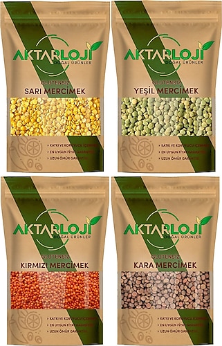 Aktarloji Glutensiz Tane 4lü Tane 250 gr Sarı + 250 G Yeşil + 250 G Kırmızı + 250 G Kara Mercimek Toplam 1 kg