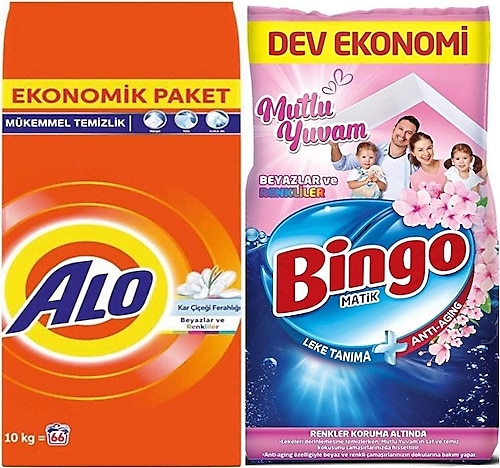 Alo 10 kg Toz Deterjan Bingo Mutlu Yuvam 10 kg Renkliler ve Beyazlar Için Toz Çamaşır Deterjanı - 20 kg