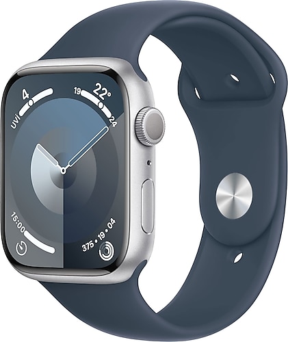 Apple Watch Series 9 GPS 45mm Gümüş Rengi Alüminyum Kasa ve Fırtına Mavisi Spor Kordon Akıllı Saat