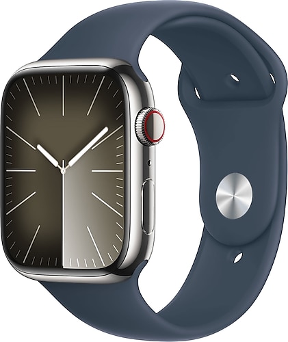 Apple Watch Series 9 GPS + Cellular 45mm Gümüş Rengi Paslanmaz Çelik Kasa ve Fırtına Mavisi Spor Kordon Akıllı Saat