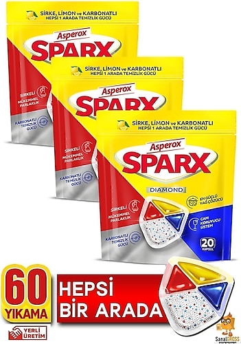 Asperox Sparx Bulaşık Makinesi Tableti 20'li 3 Adet