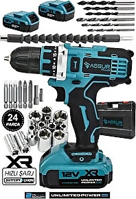 Assur 12V 1.5Ah Metal Şanzıman Çift Akülü Bakır Sargı 24 Parça Şarjlı Matkap Akülü Vidalama