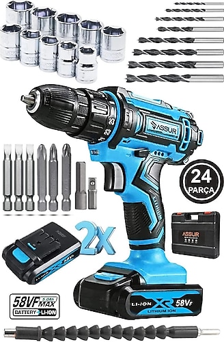 Assur Alman 58 Vf 5 Ah Darbeli Metal Dişli Şanzuman Çift Akülü Şarjlı Vidalama Matkap 24 Parça Set