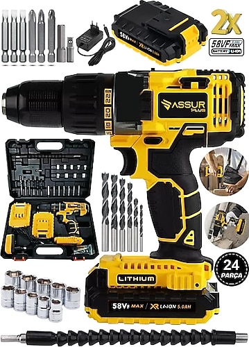 Assur Plus 58 VF 5 Ah Çift Akülü 24 Parça Darbeli Matkap