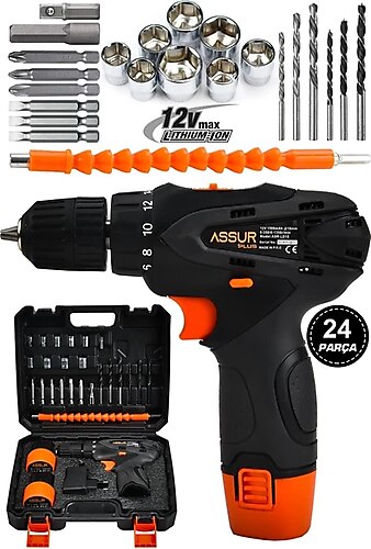 Assur Plus New Seri Şarjlı Matkap 24v 4ah Lion Armut Batarya Çift Akülü Vidalama 24 Parça Set