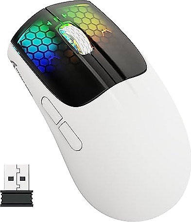 ATTACK SHARK X5 Ultra Hafif Kablosuz Oyun Faresi 49g,Üç Modlu-USB C Kablolu/2.4G/BT5.0,PAW3312 PixArt Optik Sensör,4000DPI'ye kadar,Ofis/Oyun için Uzun Pil Ömrü ile RGB Arkadan Aydınlatmalı-Beyaz