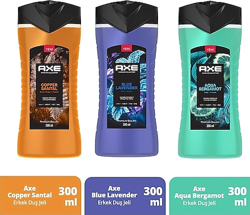 Axe Premium Collection Duş Jeli Copper Santal 300 ml + Blue Lavender 300 ml + Aqua Bergamot 300 ml