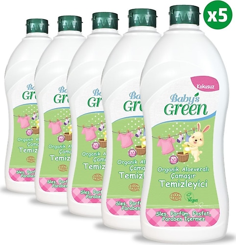 Baby's Green 5'li Set x Organik Aloeveralı Kokusuz Bebek Çamaşır Deterjanı 100 Yıkama