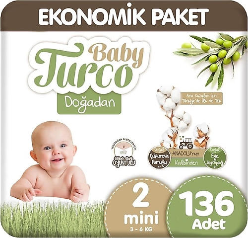 Baby Turco Doğadan 2 Numara Mini 136'lı Bebek Bezi