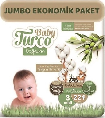 Baby Turco Doğadan 3 Beden Midi 224'lü Bebek Bezi
