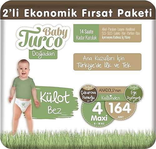 Baby Turco Doğadan 4 Numara Maxi 164'lü Külot Bez