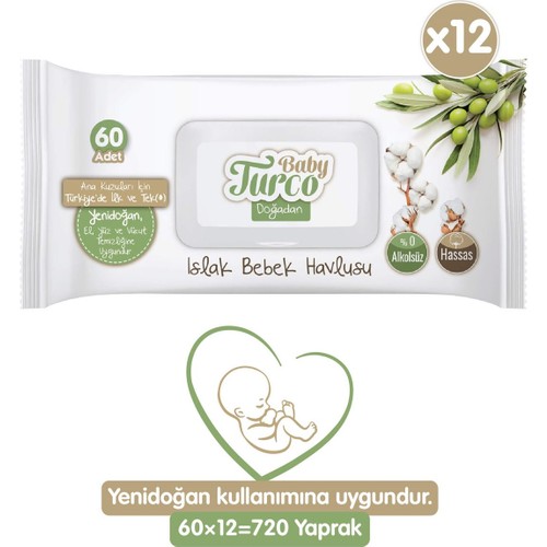 Baby Turco Doğadan 60 Yaprak 12'li Paket Islak Mendil