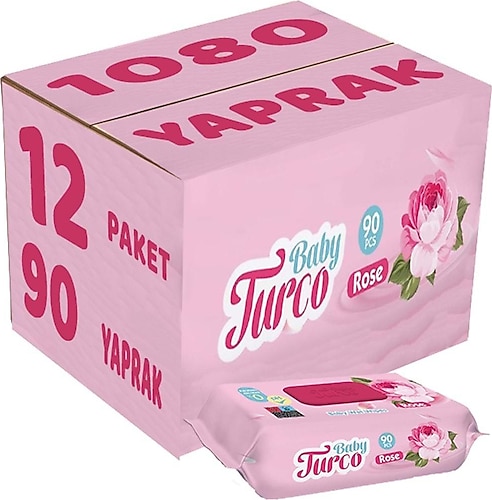 Baby Turco Gül Kokulu 90 Yaprak 12'li Paket Islak Bebek Havlusu
