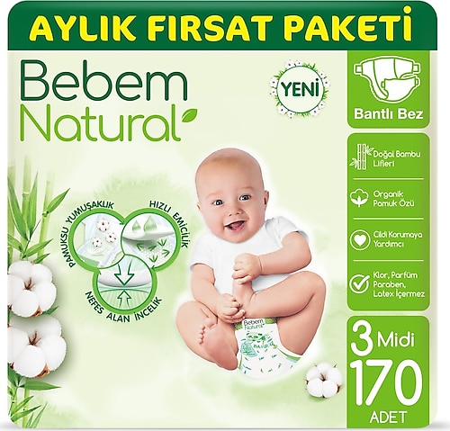 Bebem Natural 3 Numara Midi 170'li Bebek Bezi