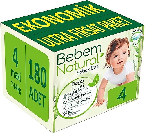 Bebem Natural 4 Numara Maxi 180'li Bebek Bezi