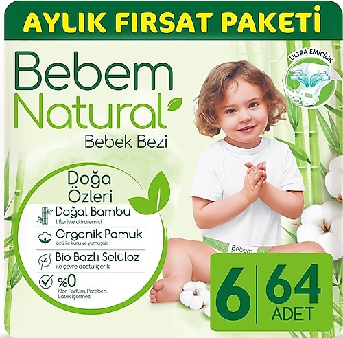Bebem Natural 6 Numara Ekstra Large 64'lü Bebek Bezi
