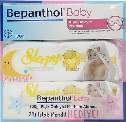 Bepanthol Baby Pişik Önleyici Merhem 100 Gr- Sleepy Sensitive Islak Havlu 90'lı 2 Adet Hediye