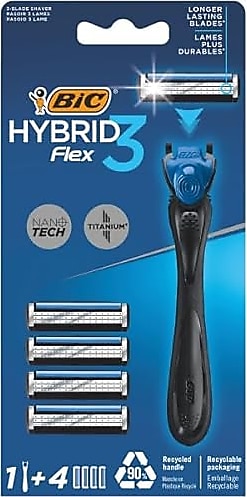 BIC Hybrid 3 Flex Erkek Tıraş Bıçağı 1 Sap ve 4 Yedek Başlık (3 Bıçak), 3 Nano Teknolojik Titanyum Bıçak, E Vitamini ile Zenginleştirilmiş Geniş Kayganlaştırıcı Bant