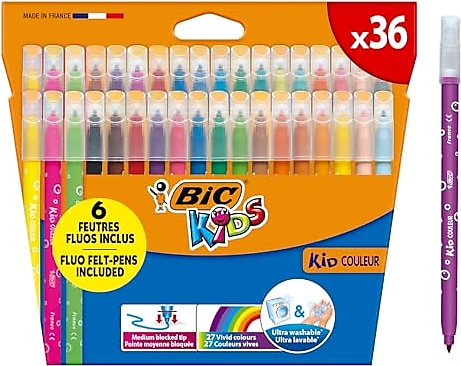BIC Kids Kid Couleur Ultra Yıkanabilir Keçeli Boya Kalemi 36'lı Kutu, Kolayca Çoğu Kumaştan Çıkar, Su Bazlı Keçeli Kalem