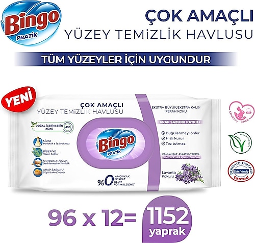 Bingo Arap Sabunu Katkılı Yüzey Temizlik Havlusu 96 Yaprak 12'li