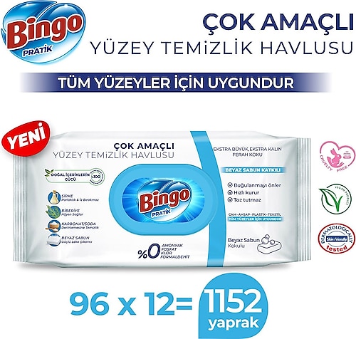 Bingo Beyaz Sabun Katkılı Yüzey Temizlik Havlusu 96 Yaprak 12'li