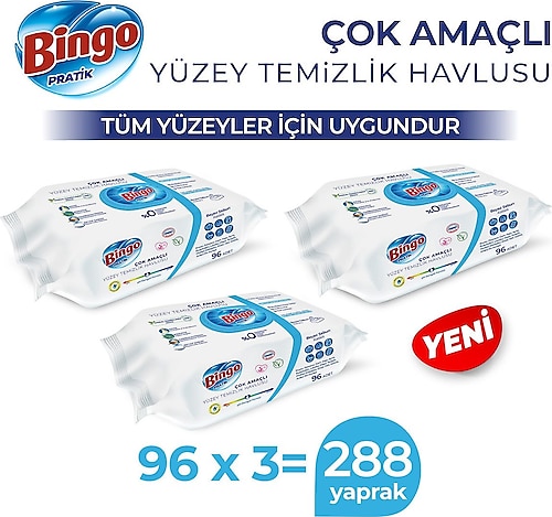 Bingo Beyaz Sabun Katkılı Yüzey Temizlik Havlusu 96 Yaprak 3'lü