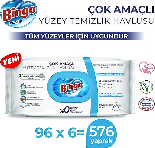 Bingo Beyaz Sabun Katkılı Yüzey Temizlik Havlusu 96 Yaprak 6'lı