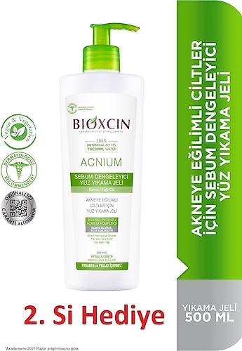 Bioxcin Acnium Sebum Dengeleyici Yüz Yıkama Jeli 500 ml + 500 ml Avantaj Paket