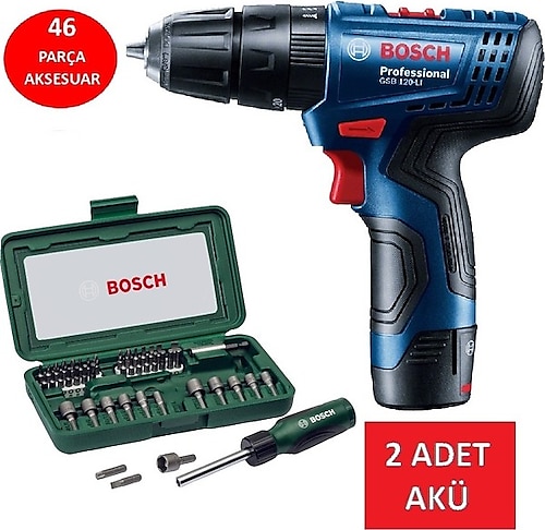 Bosch Darbeli Matkap Çift Akülü Şarjlı Matkap Akülü Vidalama + 46 Parça Vidalama Ucu Lokma Ucu