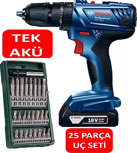 Bosch Tek Akülü Darbeli Matkap 18V Akülü Vidalama Şarjlı Matkap + 25 Parça Vidalama Ucu Seti