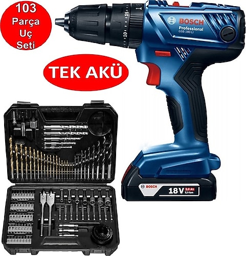 Bosch Tek Akülü Darbeli Matkap 18V Akülü Vidalama Şarjlı Matkap + Matkap Ucu Vidalama Ucu Seti