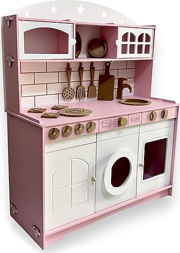Buradadavar Hobi Ahşap Boyalı Ahşap Oyuncak Mutfak Servis Seti Pembe- Beyaz