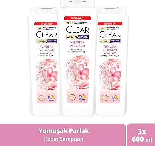 Clear Women Yumuşak ve Parlak Kiraz Çiçeği Kepeğe Karşı Şampuan 600 ml 3 Adet