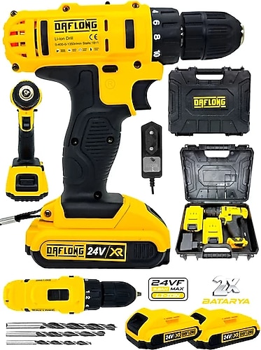 Daflong Alman 24 V 5 Ah Çift Metal Şanzıman Çift Akülü Şarjlı Setsiz Vidalama Matkap-Sarı