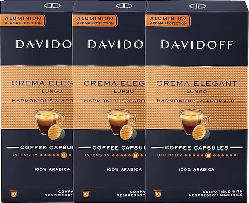 Davidoff Crema Elegant Lungo Harmonious ve Aromatic Kapsül Kahve 10'lu 3 Adet