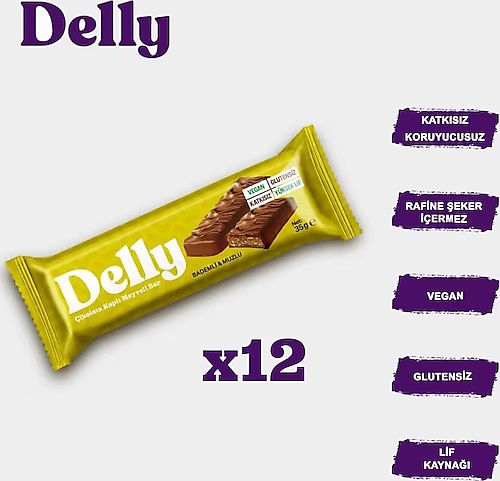 Delly Şekersiz Çikolata Kaplı Bademli & Muzlu Bar 40 gr 12'li