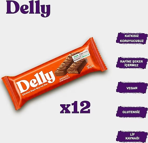 DELLY Şekersiz Çikolata Kaplı-Bademli & Portakallı Bar 12x40 g
