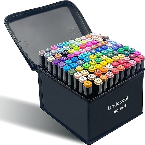 Dodocool 100 Adet Çift Uçlu Touch Marker Art Tasarım Keçeli Kalem Boya Seti+ Düzenleyici Stand + Çanta